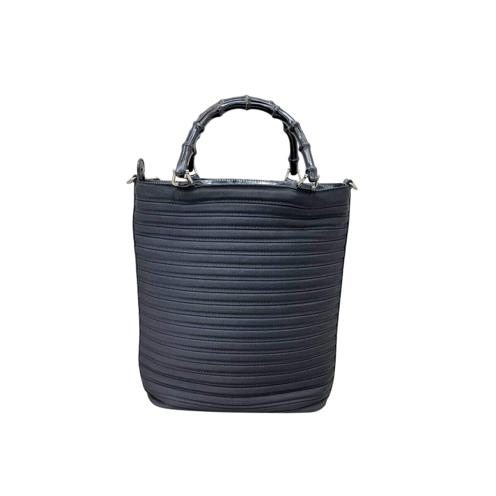 Gucci Vintage Black Ribbed Canvas Bamboo Handle Bucket Crossbody Bag 001-2852